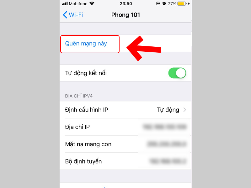 Chọn Qu&ecirc;n mạng (Forget this network) v&agrave; thử lại